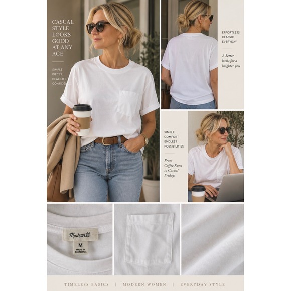 Madewell Tops - Madewell Womens White Cotton Crewneck Pocket T-Shirt Relaxed Fit Size M 2046